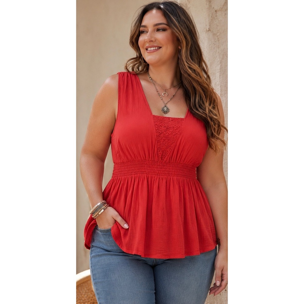 Torrid Top 5X Red Festival Fairy Crinkle Gauze‎ Lace Embroidered Tie Back Flowy